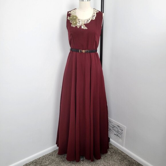 Neeru Kumar Burgundy Floral Appliqué Sleeveless Maxi Dress - Picture 2 of 12